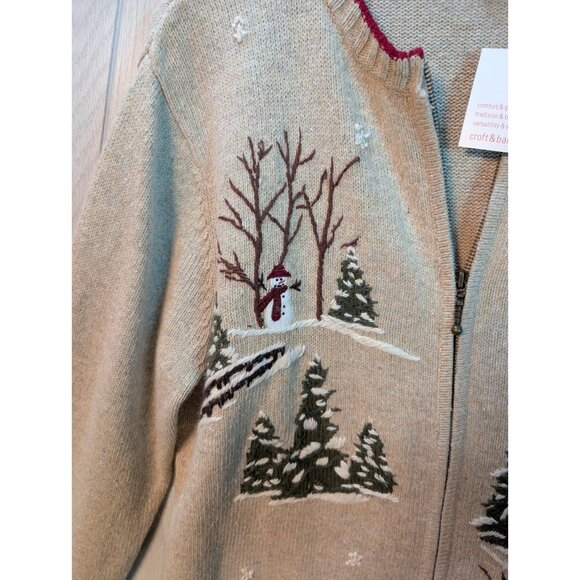 Croft & Barrow Women Sweater Full Zip Large Beige Graphic Snowman Tree NWT - Picture 3 of 8